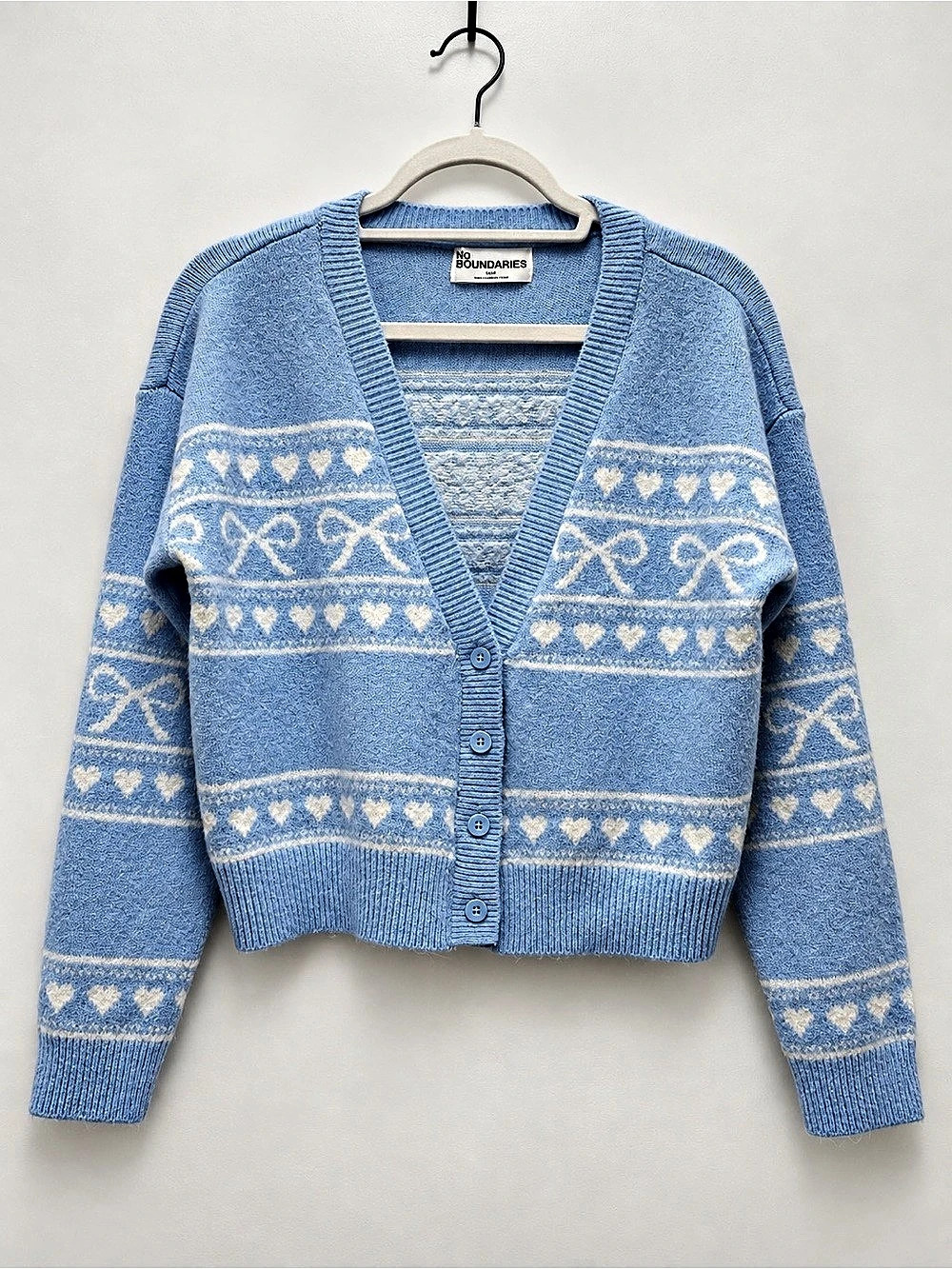 No Boundaries Blue Heart & Bow Cropped Cardigan Size S (4–6)
